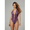 Christine - Renee Purple S/M. Uwodzicielskie fioletowe body, body z dziurką, wykonane z elastycznej koronki o kwiatowym wzorze