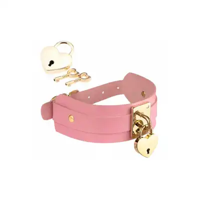 Kinky Diva - Heart Lock &amp; Key Collar Pink/Gold. Słodka różowa obroża ze złotymi elementami, symbol oddania z odrobiną elegancji