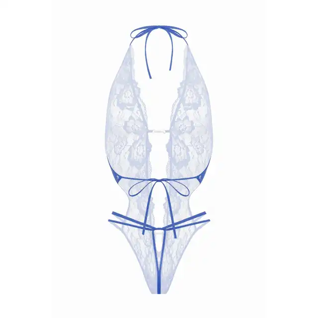 Christine - Renee Blue S/M. Uwodzicielskie body w olśniewającym błękicie, body z dziurką, wykonane z elastycznej koronki o kwiatowym wzorze