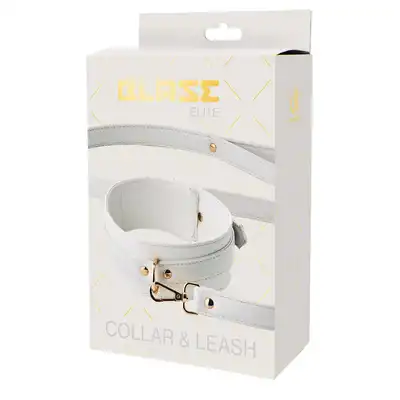 Blaze - Elite Collar And Lash White. Elegancki biały zestaw obroży i smyczy z regulowaną obrożą i złotymi detalami, idealny do stylowych zabaw BDSM