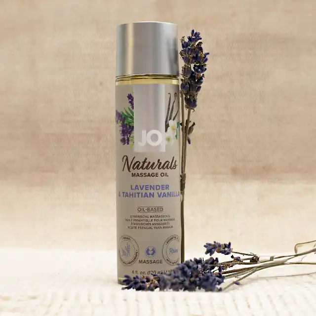System Jo - Naturals Massage Oil Lavender &amp; Tahitian Vanilla 120ml. Aromatyczny wegański olejek do masażu o zapachu lawendy i wanilii