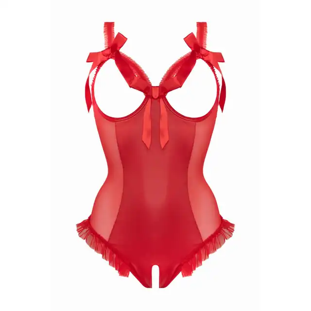 Christine - Mistique Red S/M. Niegrzeczne czerwone body z wetlook i prześwitującą siateczką, otwartym biustem i dziurką w kroczu