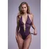 Christine - Renee Purple S/M. Uwodzicielskie fioletowe body, body z dziurką, wykonane z elastycznej koronki o kwiatowym wzorze