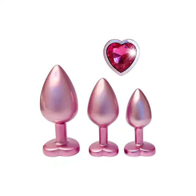 Dream Toys - Gleaming Love Pearl Pink Plug Set. Różowy zestaw eleganckich korków analnych z kryształkiem w kształcie serca