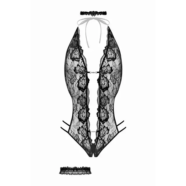 Christine - Renee S/M. Uwodzicielskie body z dziurką, wykonane z elastycznej koronki o kwiatowym wzorze