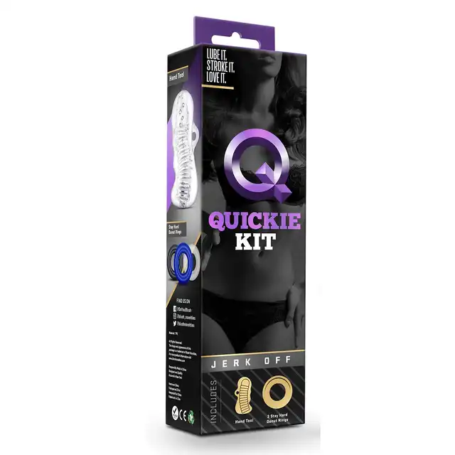 Quickie Kit - Jerk Off Clear. Zestaw masturbacyjny dla mężczyzn, stymulujący masturbator i trzy ringi erekcyjne