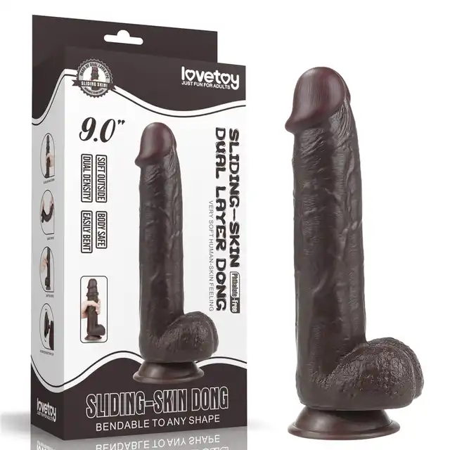 LoveToy - Sliding Skin Dual Layer Dong 9inch Brown. Realistyczne dildo z dwuwarstwowego TPE, wyposażone w technologię przesuwanej skóry i mocną przyssawkę