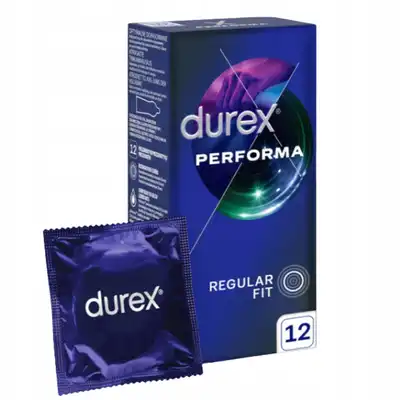 Durex - Performa 12 szt. Prezerwatywy przedłużające stosunek, naturalna guma lateksowa z wydłużoną przyjemnością ze zbliżenia