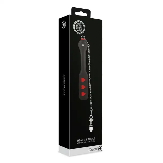 Ouch! - Hearts Paddle with Anal Plug. Packa z korkiem analnym na łańcuszku, zdobione serduszkami. Ostatnia sztuka!