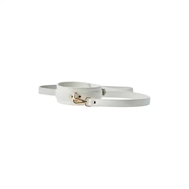 Blaze - Elite Collar And Lash White. Elegancki biały zestaw obroży i smyczy z regulowaną obrożą i złotymi detalami, idealny do stylowych zabaw BDSM