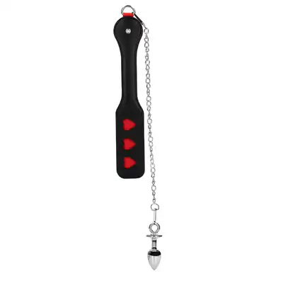 Ouch! - Hearts Paddle with Anal Plug. Packa z korkiem analnym na łańcuszku, zdobione serduszkami. Ostatnia sztuka!