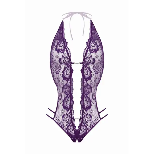 Christine - Renee Purple S/M. Uwodzicielskie fioletowe body, body z dziurką, wykonane z elastycznej koronki o kwiatowym wzorze