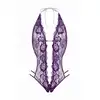 Christine - Renee Purple S/M. Uwodzicielskie fioletowe body, body z dziurką, wykonane z elastycznej koronki o kwiatowym wzorze