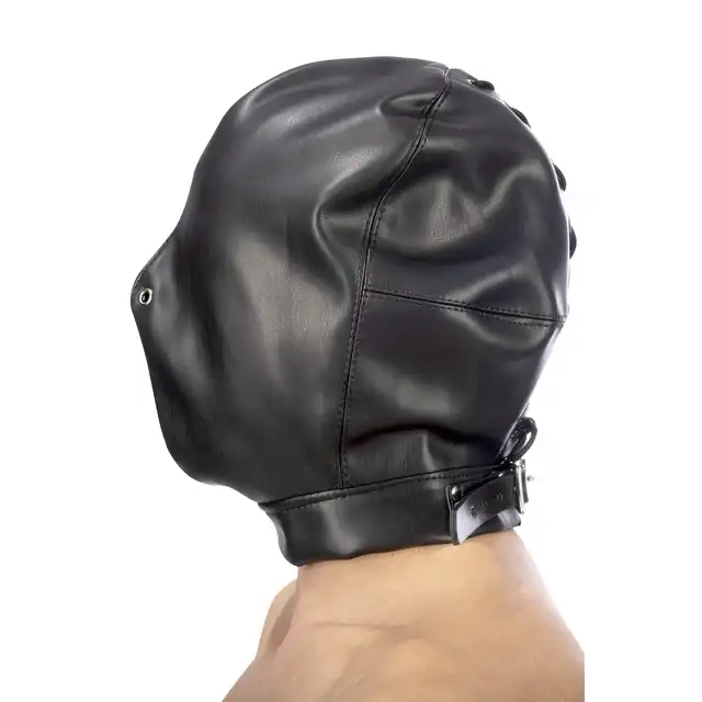 Fetish Tentation - BDSM Hood Mask. Czarna, wykonana ze sztucznej skóry wiązana maska BDSM. Doskonała dla uległego