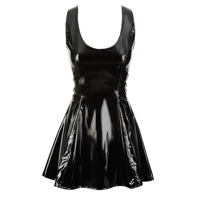Black Level - Vinyl Dress Black M. Czarna rozkloszowana sukienka mini wykonana z połyskującego winylu