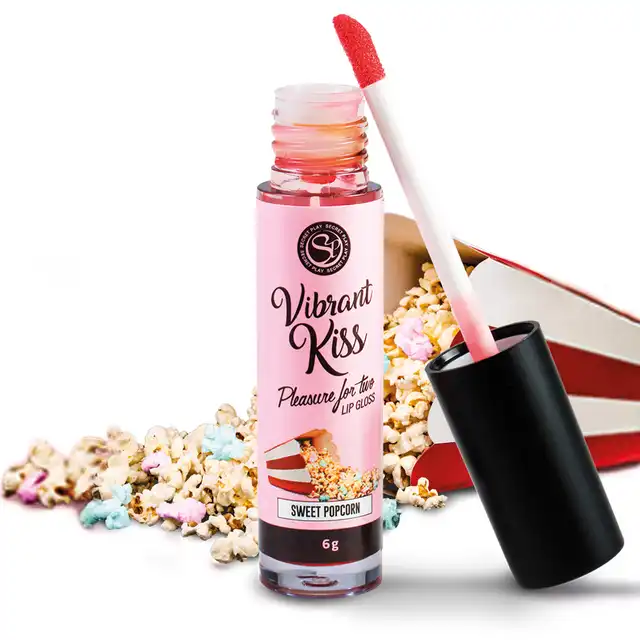 Secret Play - Lip Gloss Vibrant Kiss Sweet Popcorn. Stymulujący błyszczyk o smaku słodkiego popcornu, fale wibracyjne wywołujące mrowienie, pobudź zmysły i zwiększ przyjemność