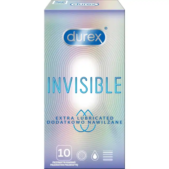 Durex - Invisible Extra Lubricated 10szt. Super cienkie prezerwatywy z dodatkowym żelem nawilżającym, komfortowa bliskość