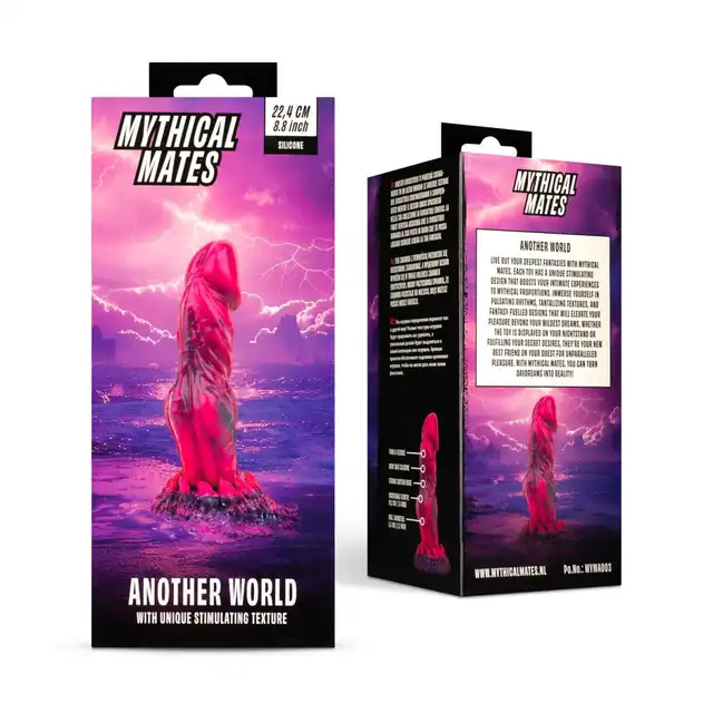 Mythical Mates - Another World Dildo Pink &amp; Purple. Dildo z ustrukturyzowanym trzonem oferuje wszechstronną przyjemność dzięki mocnej przyssawce