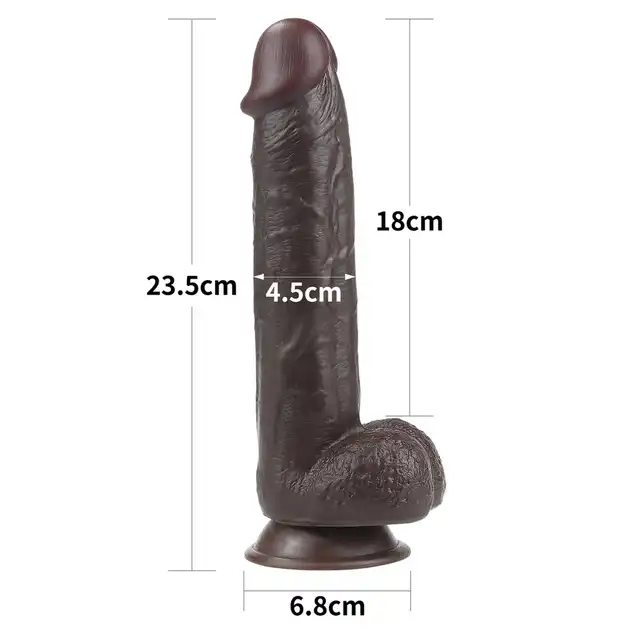 LoveToy - Sliding Skin Dual Layer Dong 9inch Brown. Realistyczne dildo z dwuwarstwowego TPE, wyposażone w technologię przesuwanej skóry i mocną przyssawkę