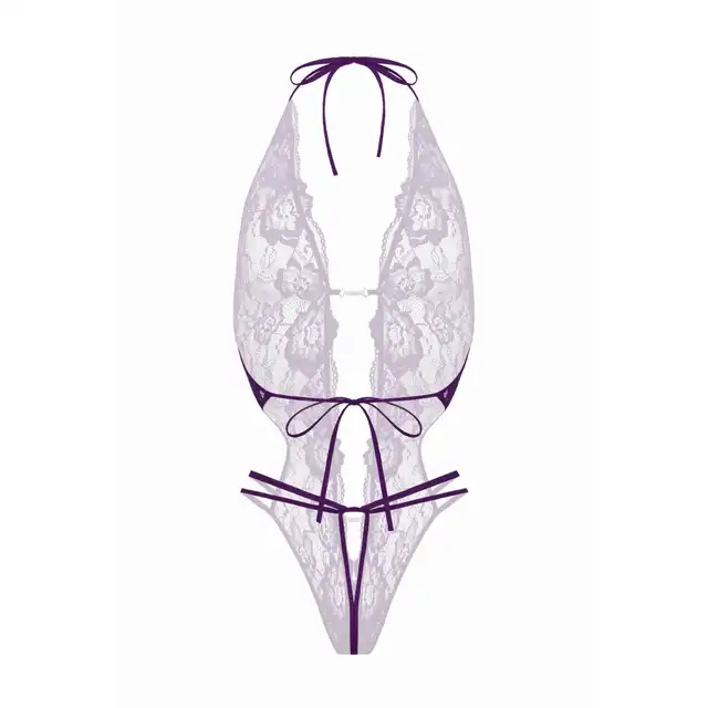 Christine - Renee Purple S/M. Uwodzicielskie fioletowe body, body z dziurką, wykonane z elastycznej koronki o kwiatowym wzorze