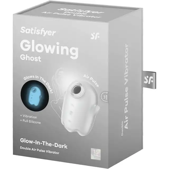 Satisfyer - Glowing Ghost White. Wibrator ze stymulującymi falami ciśnienia i intensywnymi wibracjami, wykonany z miękkiego, świecącego w ciemności silikonu