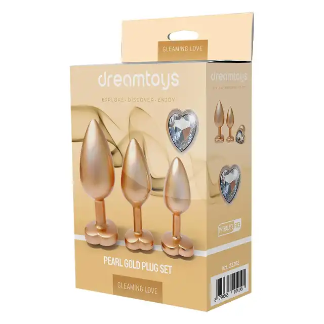 Dream Toys - Gleaming Love Pearl Gold Plug Set. Złoty zestaw eleganckich korków analnych z kryształkiem w kształcie serca