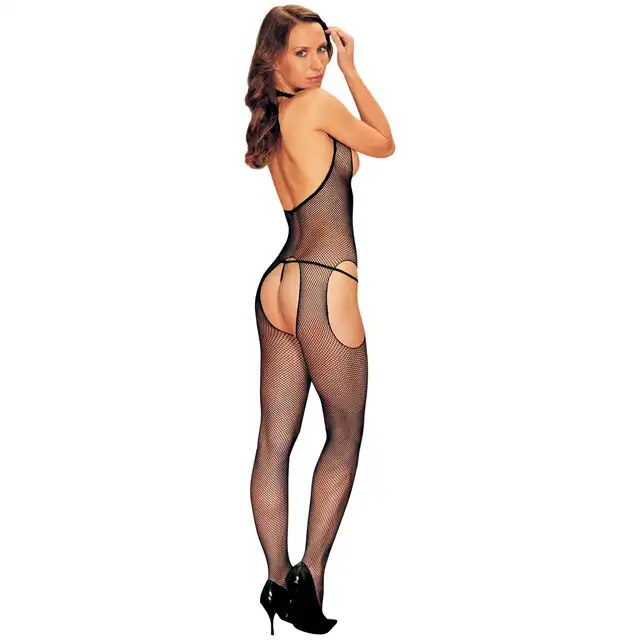 Anne D'Ales - Coquine M/L. Odważny, czarny siateczkowy bodystocking z otwartym biustem i krokiem