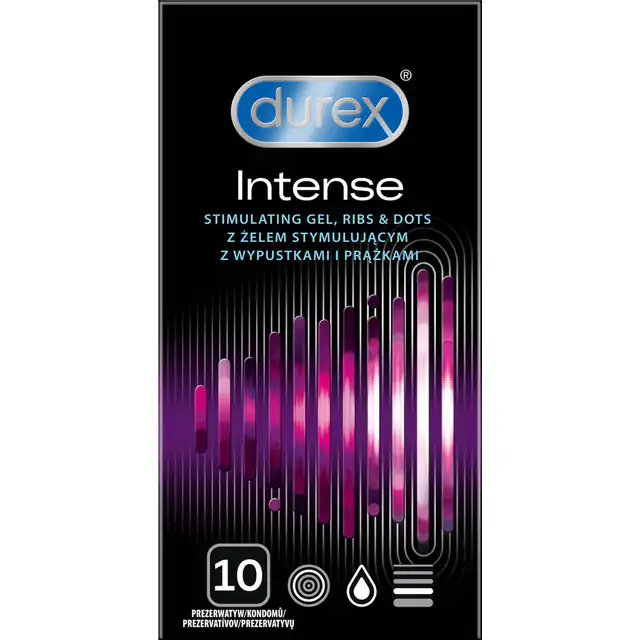 Durex - Intense 10szt. Prezerwatywy prążkowane o stymulującej powierzchni z żelem Desirex dla szerokiej gamy doznań
