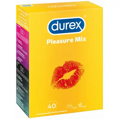 Durex - Pleasure Mix 40szt. Zestaw prezerwatyw z wypustkami i prążkami, dodatkowo nawilżane żelem stymulującym dla niezapomnianych doznań