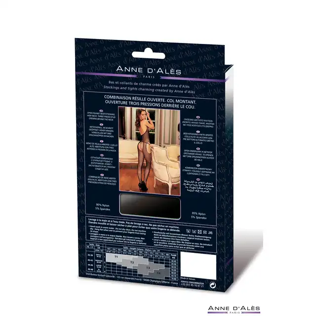 Anne D'Ales - Coquine M/L. Odważny, czarny siateczkowy bodystocking z otwartym biustem i krokiem