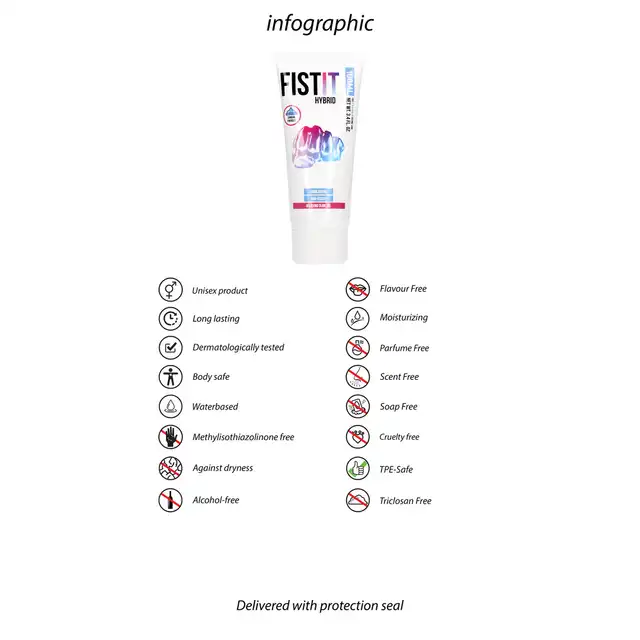 Fist It - Hybrid 100 ml. Hybrydowy lubrykant, oferuje wszechstronne stosowanie, zapewniając długotrwały poślizg i bezpieczeństwo użytkowania