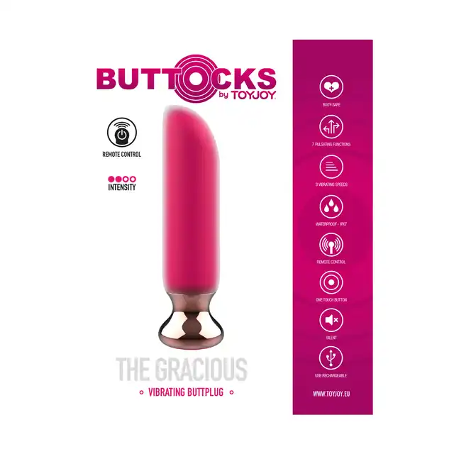 Buttocks - The Gracious Buttplug. Wibrujący korek analny o potężnym silniku, wyposażony w 7 trybów i 3 prędkości wibracji, z możliwością sterowania zdalnego