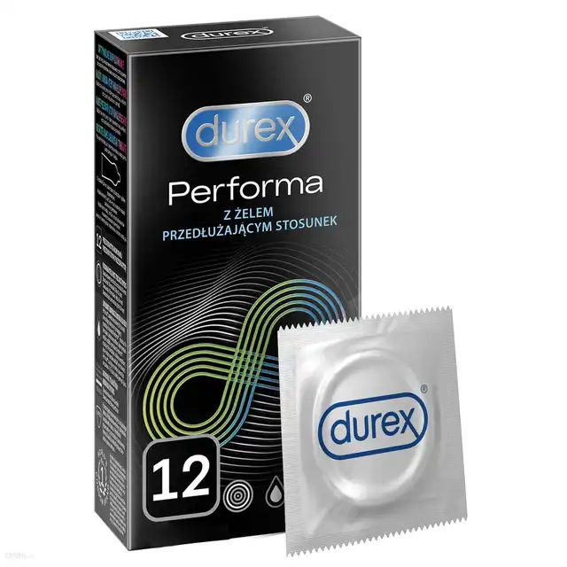 Durex - Performa 12 szt. Prezerwatywy przedłużające stosunek, naturalna guma lateksowa z wydłużoną przyjemnością ze zbliżenia