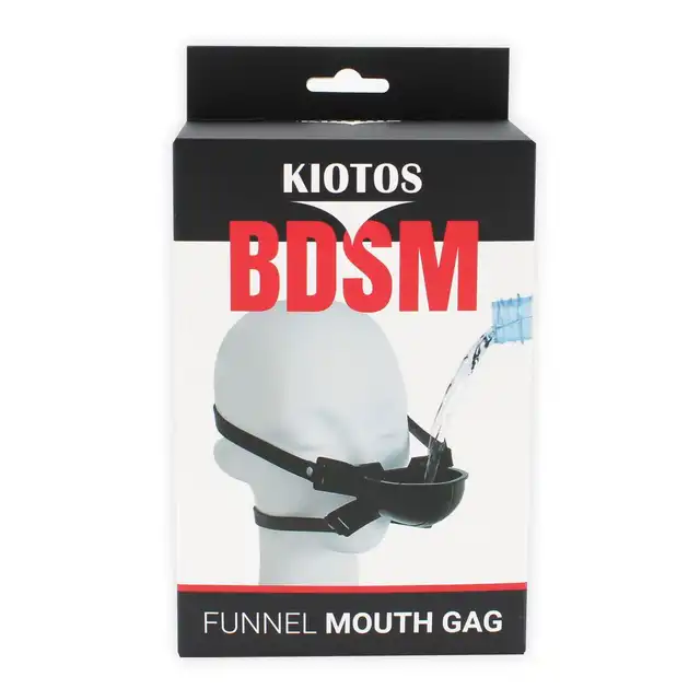 Kiotos - BDSM Funnel Mouth Gag. Knebel z lejkiem i kubkiem do nalewania, wysokiej jakości akcesorium, niezapomniane doznania podczas zabaw BDSM