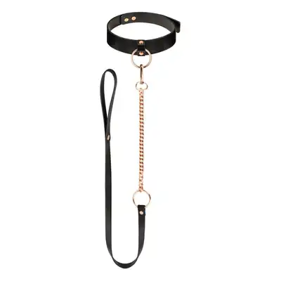 Rosy Gold - Collar with Leash. Elegancki kołnierzyk z odczepianą smyczą. Wszechstronny dodatek z ekologicznej skóry do zmysłowych zabaw