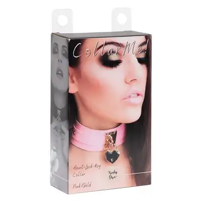 Kinky Diva - Heart Lock &amp; Key Collar Pink/Gold. Słodka różowa obroża ze złotymi elementami, symbol oddania z odrobiną elegancji