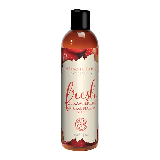 Intimate Earth - Natural Flavors Glide Fresh Strawberries 60 ml. Lubrykant na bazie wody o smaku świeżych truskawek. Bez sztucznych barwników. Bogactwo naturalności