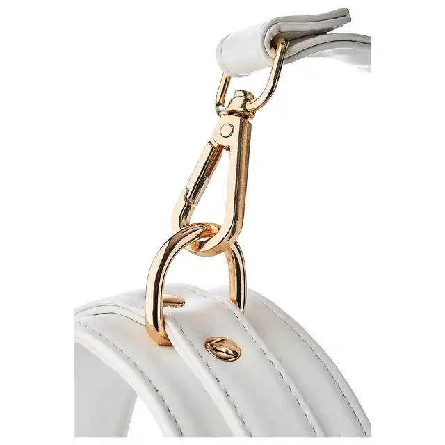 Blaze - Elite Collar And Lash White. Elegancki biały zestaw obroży i smyczy z regulowaną obrożą i złotymi detalami, idealny do stylowych zabaw BDSM