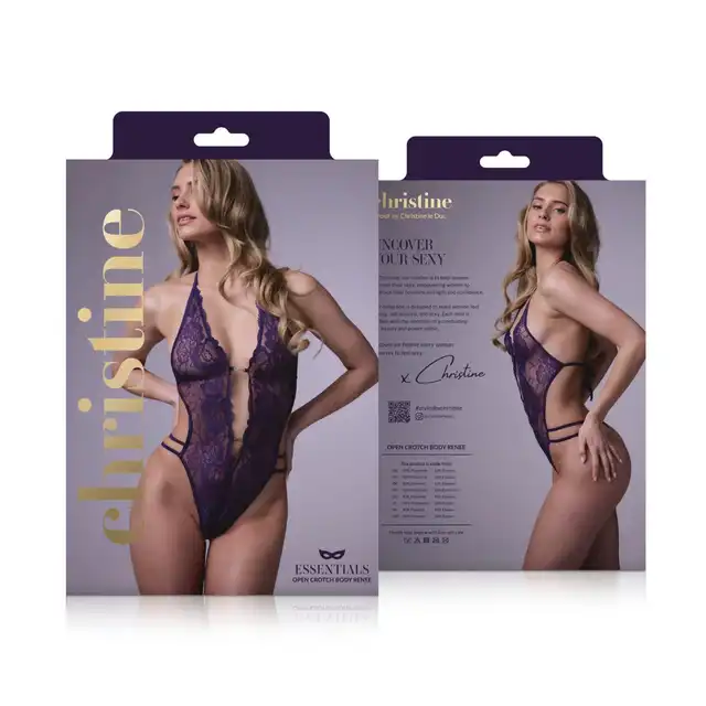 Christine - Renee Purple S/M. Uwodzicielskie fioletowe body, body z dziurką, wykonane z elastycznej koronki o kwiatowym wzorze