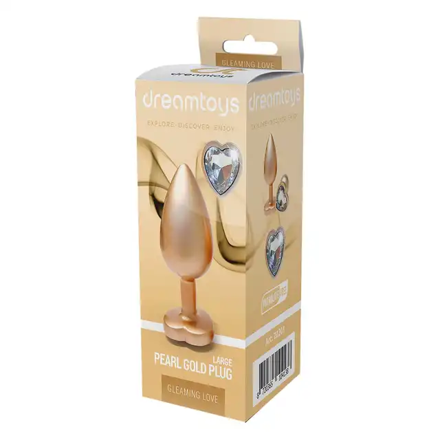 Dream Toys - Gleaming Love Pearl Gold Plug Large. Złoty elegancki korek analny o dużym rozmiarze z kryształkiem w kształcie serca