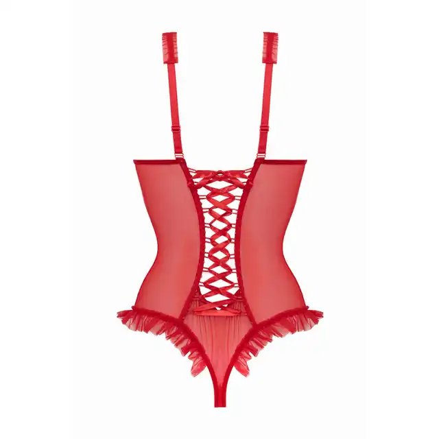 Christine - Mistique Red S/M. Niegrzeczne czerwone body z wetlook i prześwitującą siateczką, otwartym biustem i dziurką w kroczu