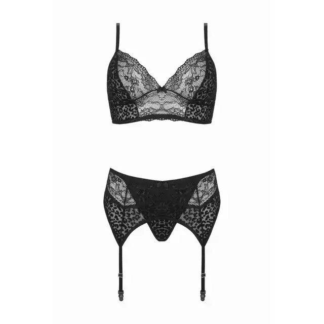 Christine - 3pc Sanne S/M. Czarny komplet damskiej bielizny z nadrukiem panterki w połączeniu z koronką