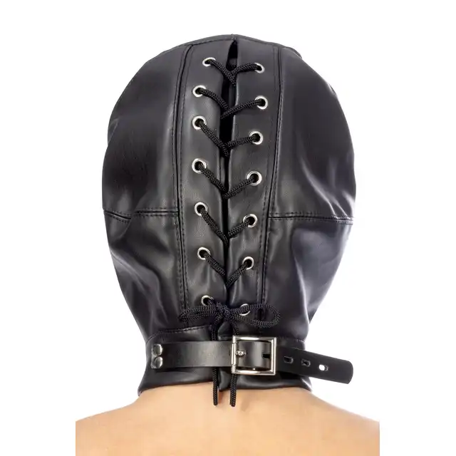 Fetish Tentation - BDSM Hood Mask. Czarna, wykonana ze sztucznej skóry wiązana maska BDSM. Doskonała dla uległego