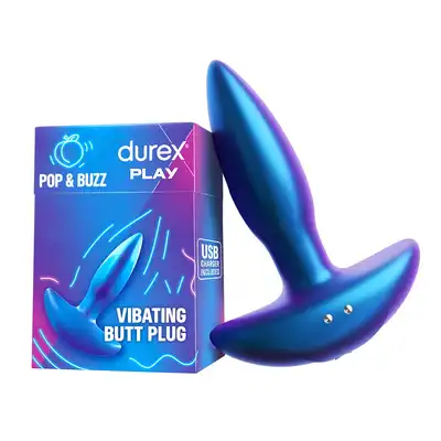 Durex Play - Pop &amp; Buzz. Silikonowy korek analny z wibracją, miękki i gładki materiał z opalizującym zakończeniem