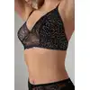 Christine - 3pc Sanne S/M. Czarny komplet damskiej bielizny z nadrukiem panterki w połączeniu z koronką