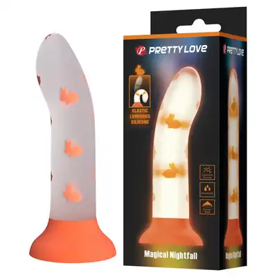 Pretty Love - Magical Nightfall. Realistyczne dildo z przyssawką i elementami świecącymi w ciemności, żółto-pomarańczowe króliczki