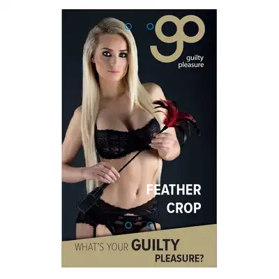 Guilty Pleasure - Feather Crop Black/Red. Bacik BDSM z piórkiem, zmysłowy akcent do Twoich intymnych zabaw