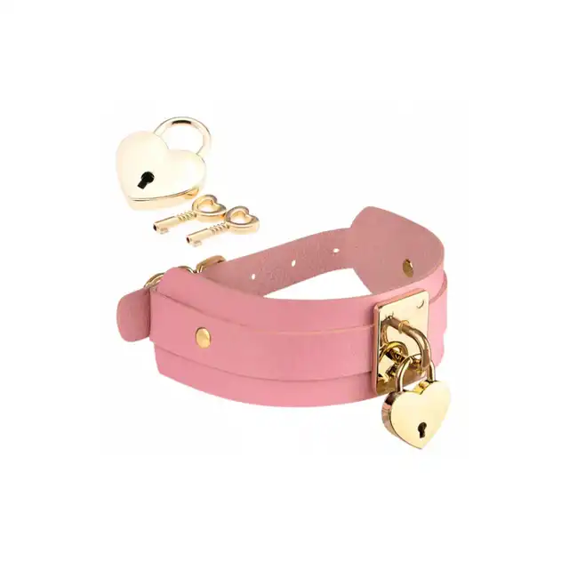 Kinky Diva - Heart Lock &amp; Key Collar Pink/Gold. Słodka różowa obroża ze złotymi elementami, symbol oddania z odrobiną elegancji