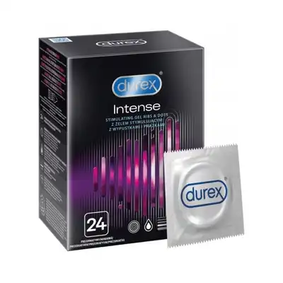 Durex - Intense 24szt. Duże opakownie prezerwatyw prążkowanych o stymulującej powierzchni z żelem Desirex dla szerokiej gamy doznań