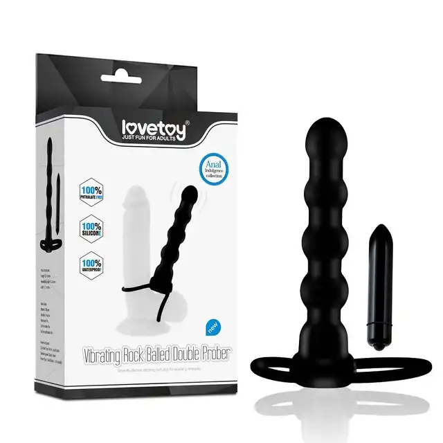 LoveToy - Vibrating Rock Balled Double Prober. Wibrująca silikonowa nakładka z stymulującym trzonem, podwójna penetracja